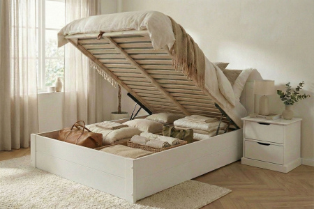 Lit coffre en bois massif blanc – Rangement optimal et finition premium