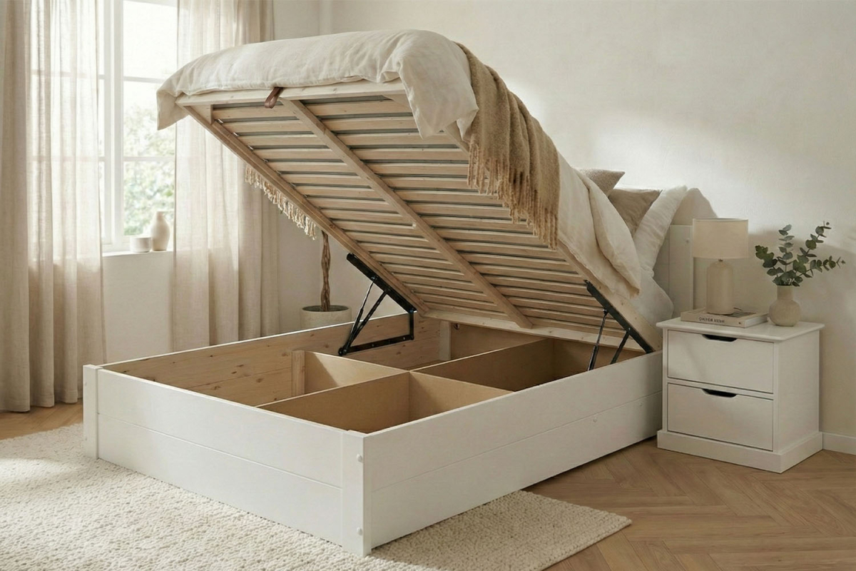 Lit coffre en bois massif blanc – Rangement optimal et finition premium