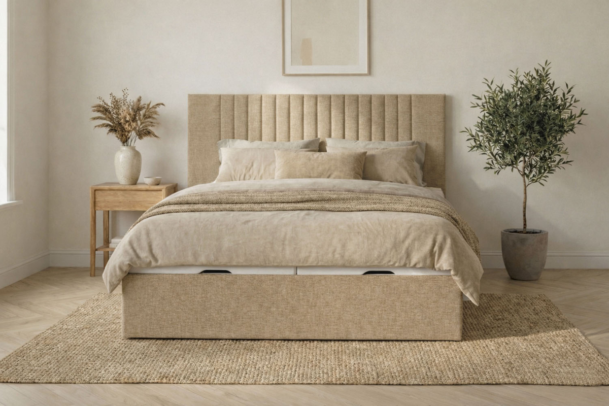 Lit coffre matelassé en tissu Jade – Structure robuste et tête de lit