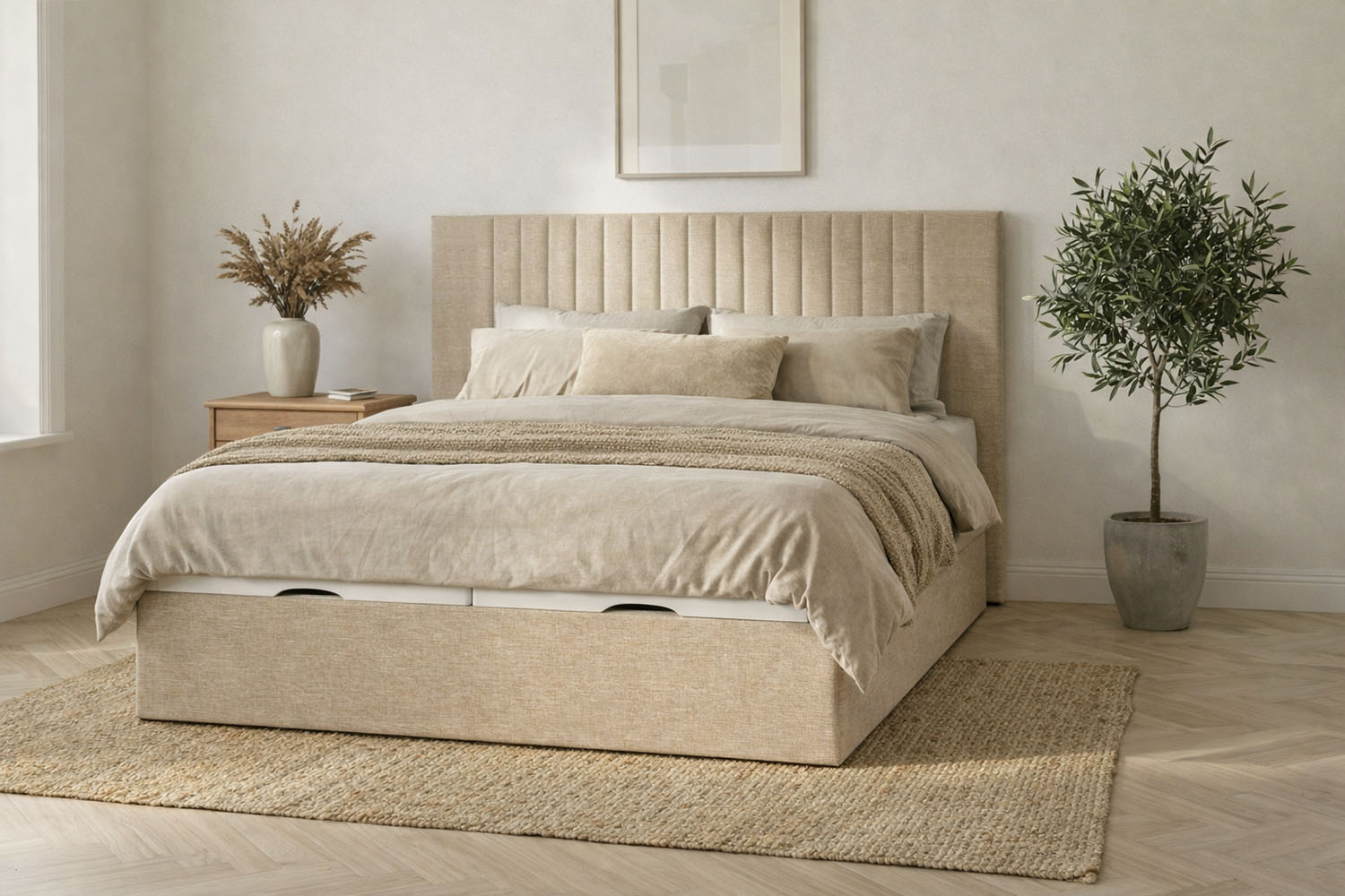Lit coffre matelassé en tissu Jade – Structure robuste et tête de lit