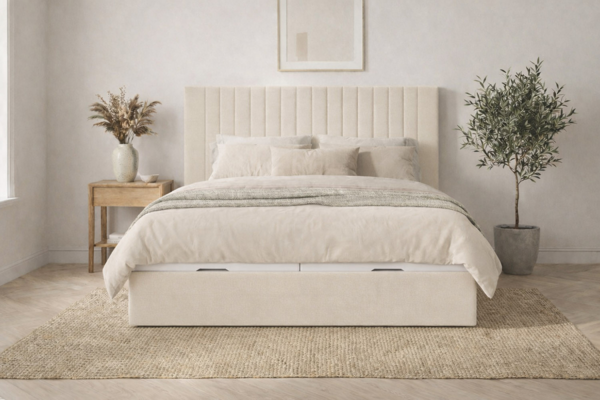 Lit coffre matelassé en tissu Jade – Structure robuste et tête de lit