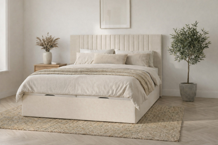 Lit coffre matelassé en tissu Jade – Structure robuste et tête de lit