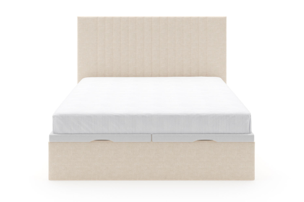 Lit coffre matelassé en tissu Jade – Structure robuste et tête de lit