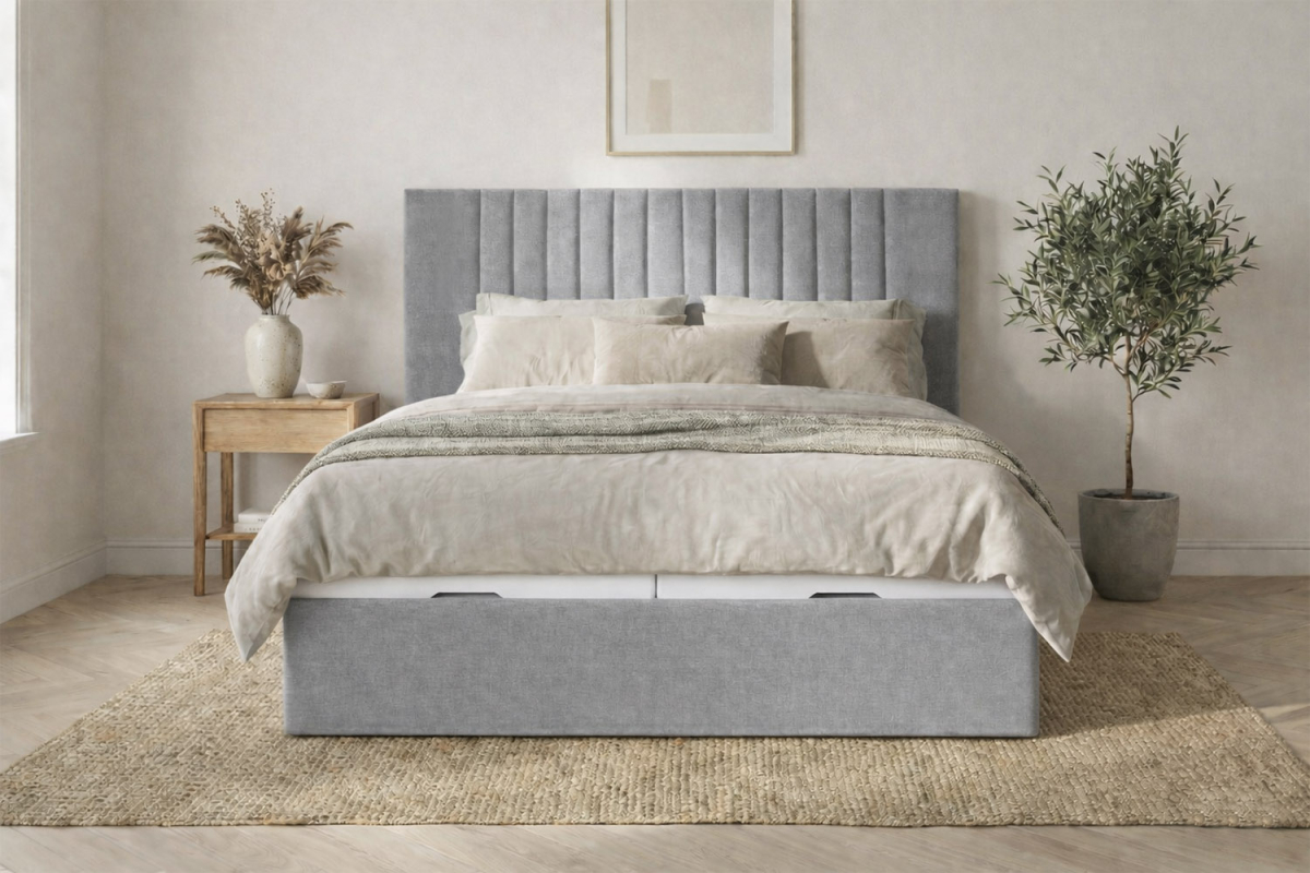 Lit coffre matelassé en tissu Jade – Structure robuste et tête de lit