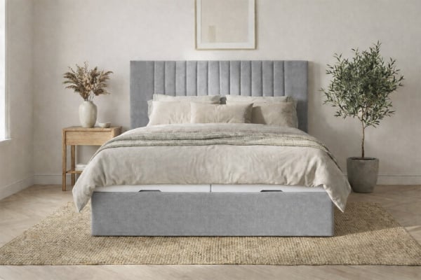 Lit coffre matelassé en tissu Jade – Structure robuste et tête de lit