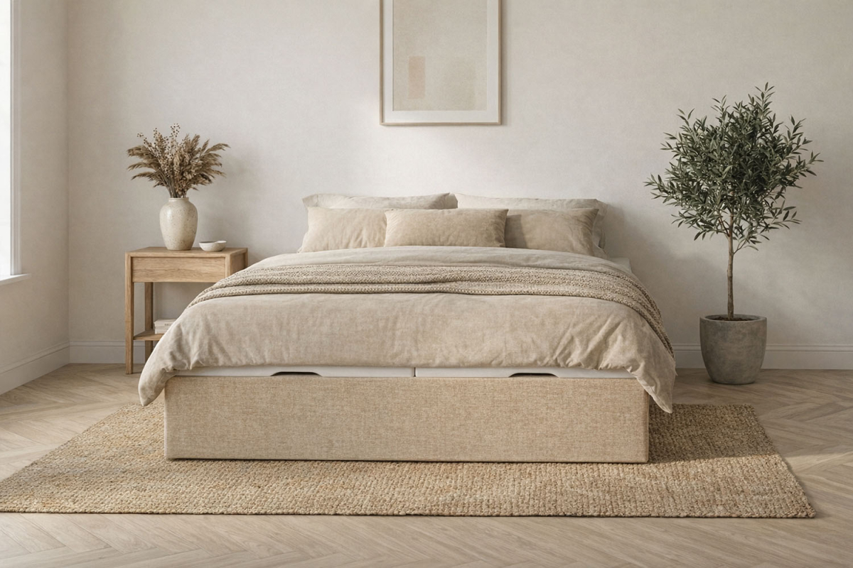 Lit coffre matelassé en tissu Jade – Finition haut de gamme
