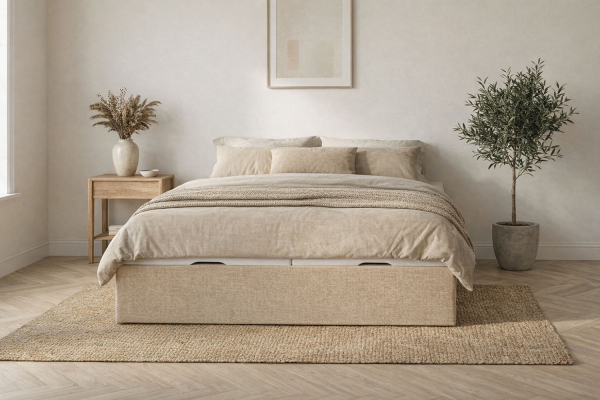 Lit coffre matelassé en tissu Jade – Finition haut de gamme