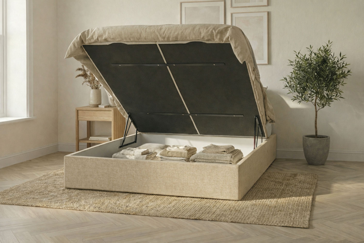 Lit coffre matelassé en tissu Jade – Finition haut de gamme