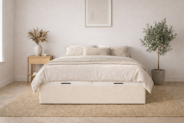 Lit coffre matelassé en tissu Jade – Finition haut de gamme