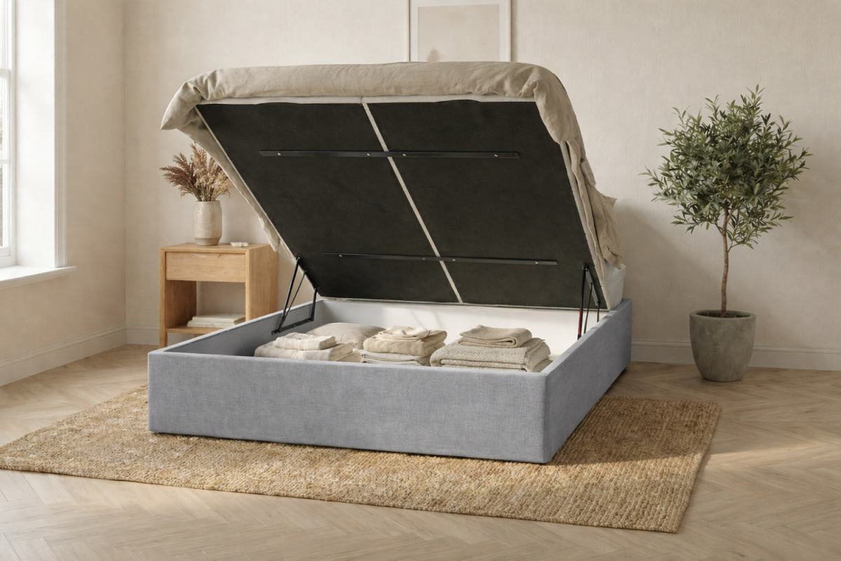 Lit coffre matelassé en tissu Jade – Finition haut de gamme