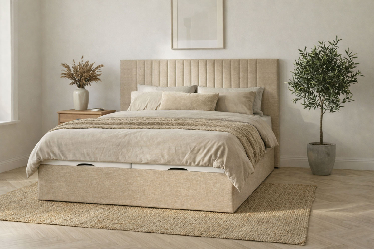 Lit coffre matelassé en tissu Jade – Finition haut de gamme