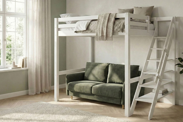 Lit mezzanine 2 places avec escalier en pin massif 140x200