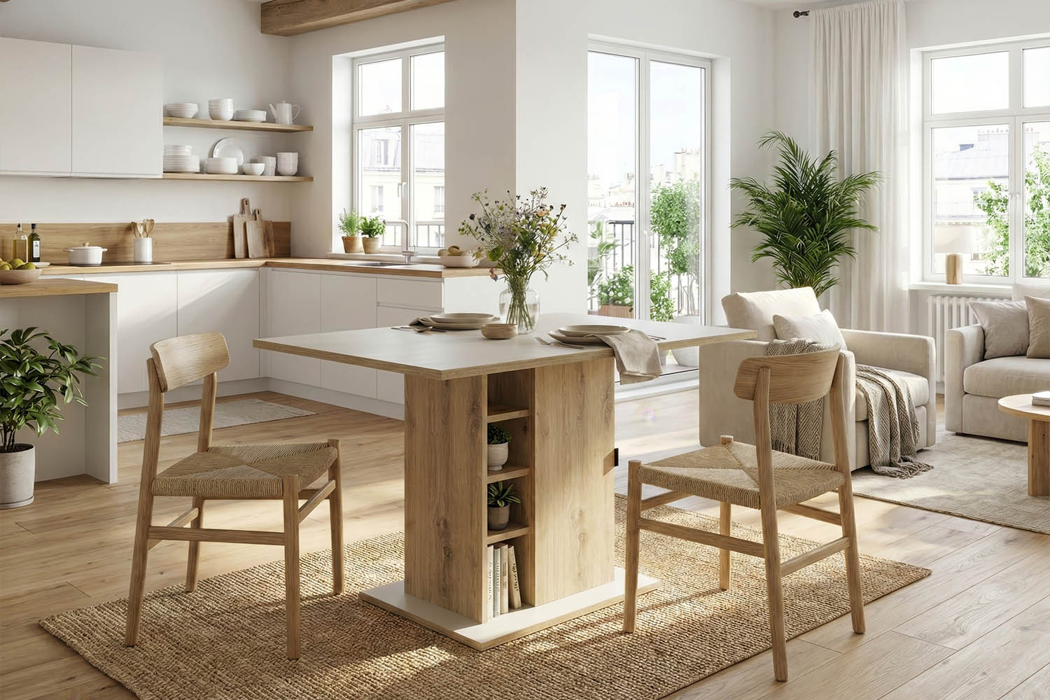 Table à manger 120x80 avec rangements | Design bois clair