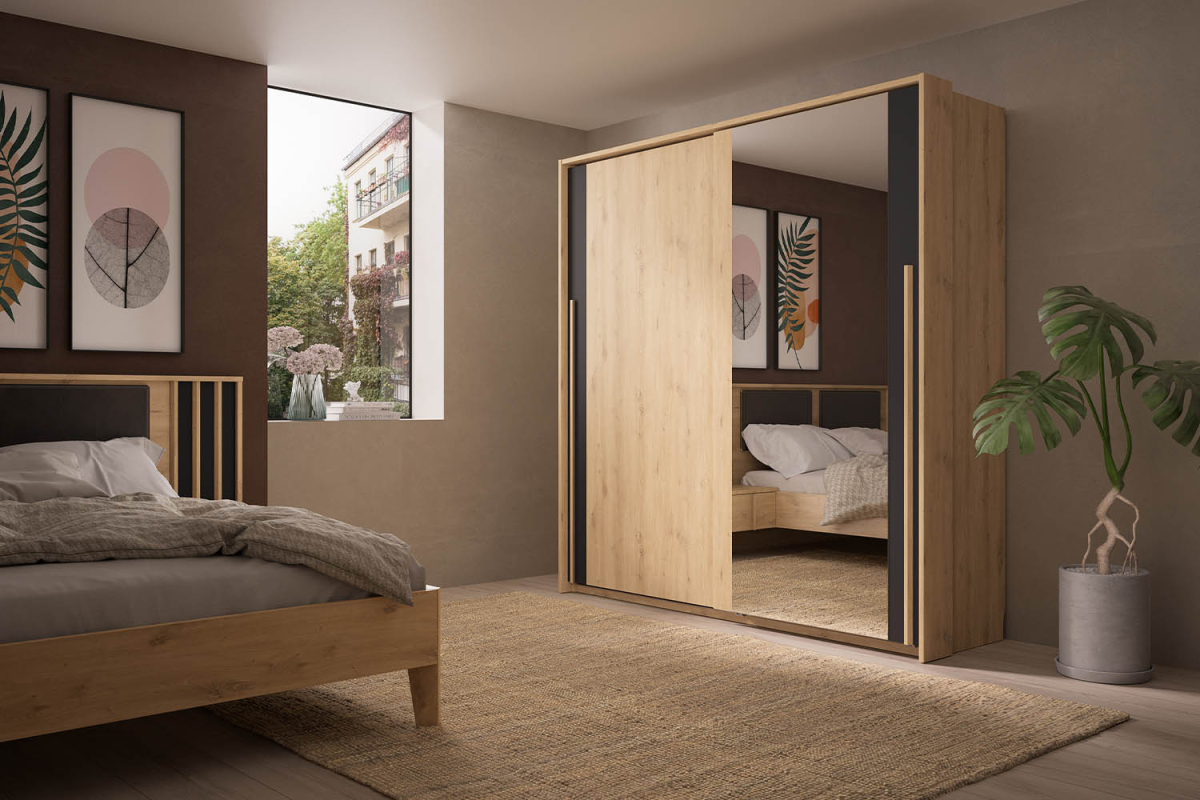 Armoire 2 portes coulissantes design bois naturel et rangements pratiques
