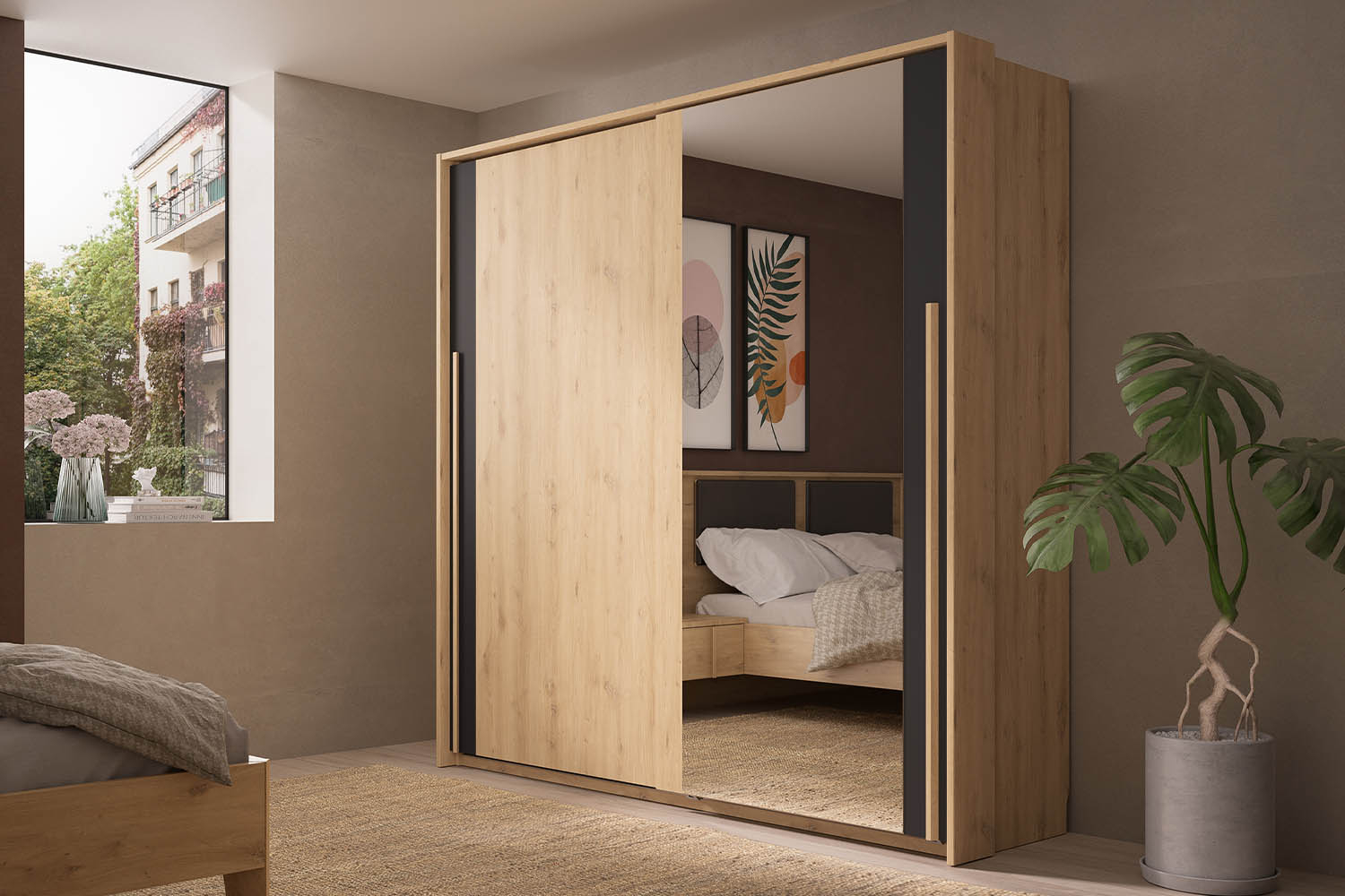 Armoire 2 portes coulissantes design bois naturel et rangements pratiques