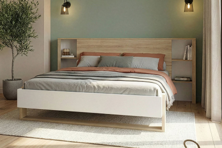 Tête de lit avec rangement bois et blanc, design moderne