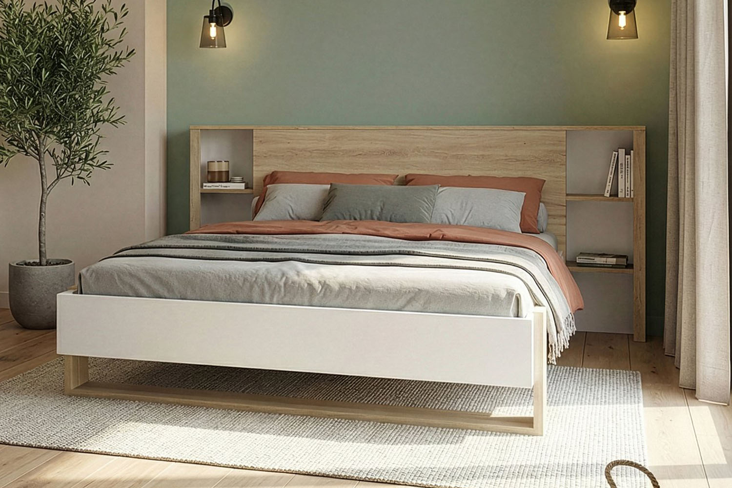 Tête de lit avec rangement bois et blanc, design moderne