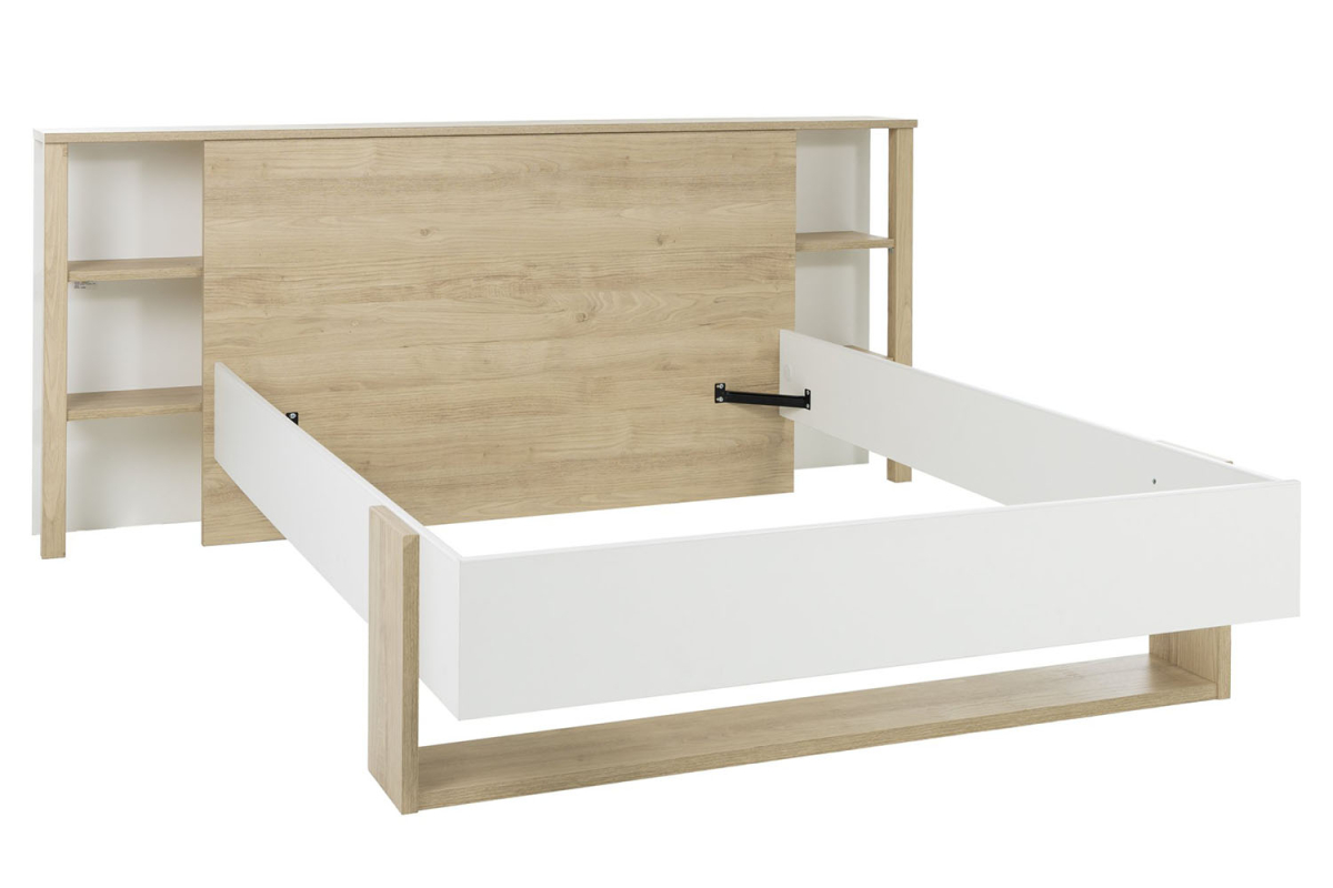 Tête de lit avec rangement bois et blanc, design moderne