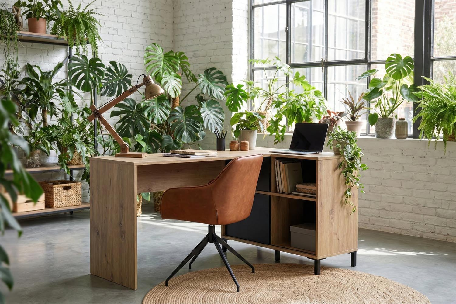 Bureau d’angle Calden avec rangement bois clair design moderne