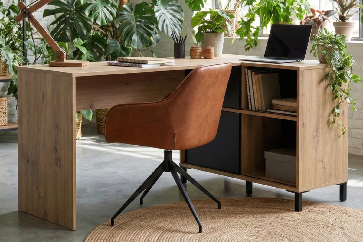 Bureau d’angle Calden avec rangement bois clair design moderne
