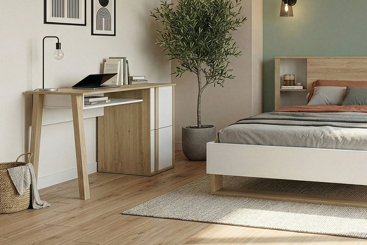 Bureau avec rangement bois et blanc – design moderne et fonctionnel