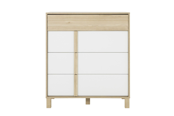 Commode en bois chêne blond et blanc – design moderne et rangement pratique