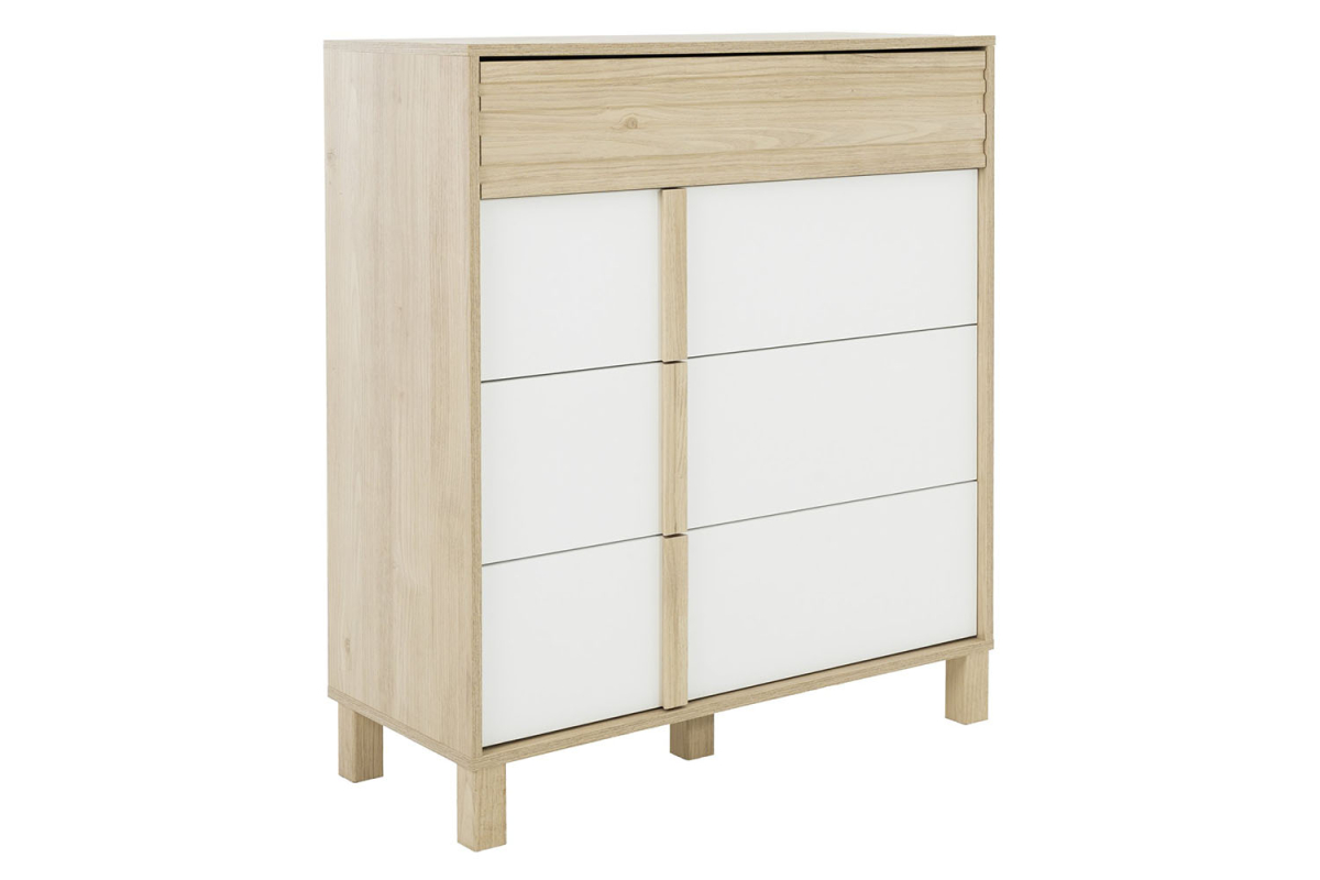 Commode en bois chêne blond et blanc – design moderne et rangement pratique