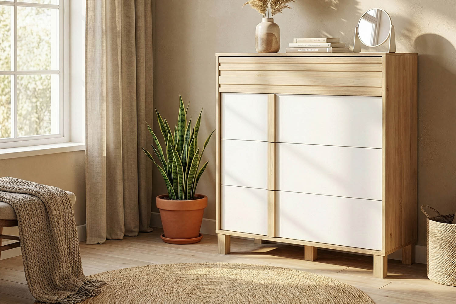 Commode en bois chêne blond et blanc – design moderne et rangement pratique