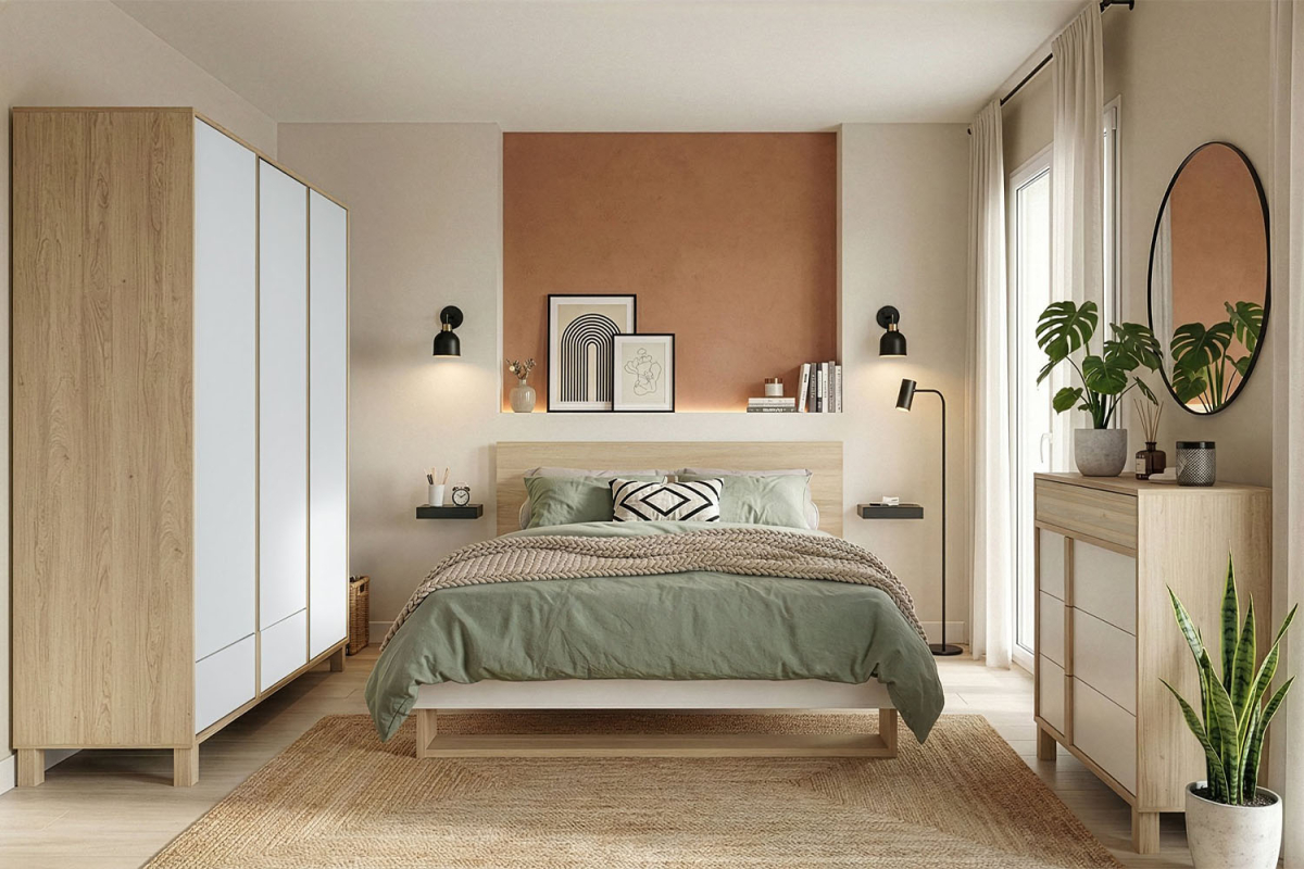 Commode en bois chêne blond et blanc – design moderne et rangement pratique