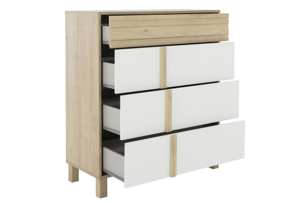 Commode en bois chêne blond et blanc – design moderne et rangement pratique