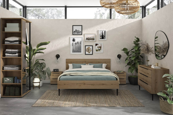 Lit Altura en bois finition chêne – Lit design avec tête de lit rainurée