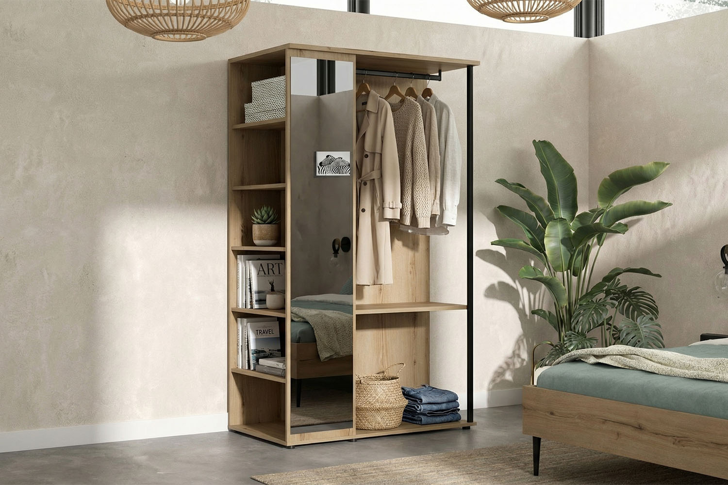 Armoire ouverte Altura avec miroir – Dressing bois chêne artisan