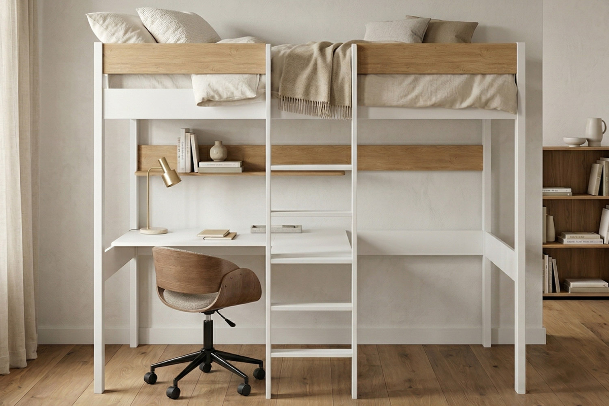 Lit mezzanine 1 place en bois massif avec bureau Auren