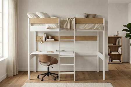 Lit mezzanine 1 place en bois massif avec bureau Auren