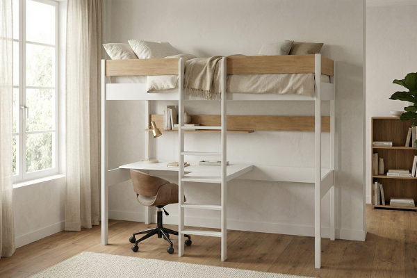 Lit mezzanine 1 place en bois massif avec bureau Auren