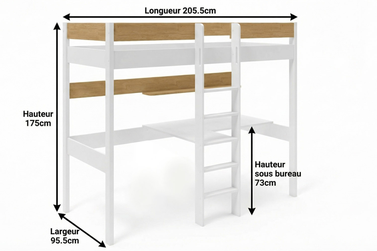 Lit mezzanine 1 place en bois massif avec bureau et fauteuil Auren