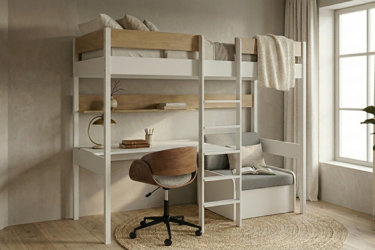 Lit mezzanine 1 place en bois massif avec bureau et fauteuil Auren