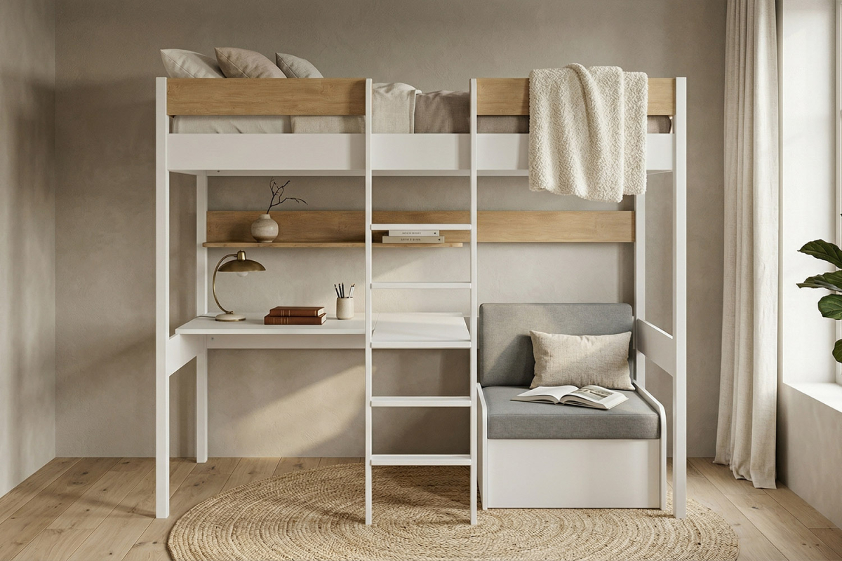 Lit mezzanine 1 place en bois massif avec bureau et fauteuil Auren
