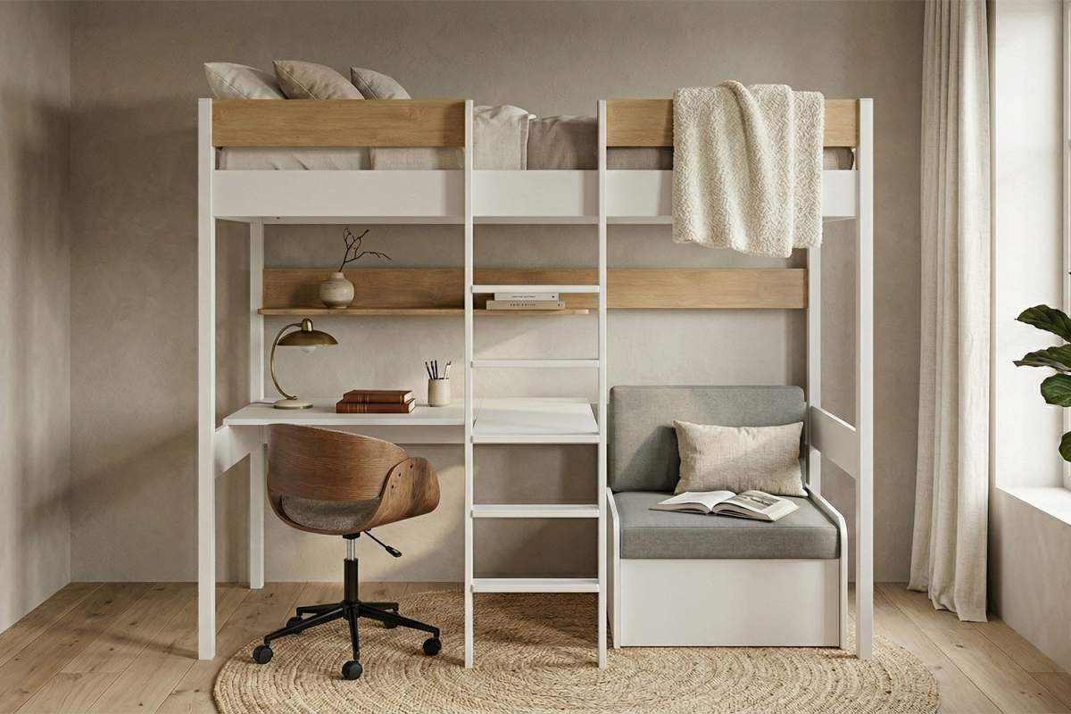 Lit mezzanine 1 place en bois massif avec bureau et fauteuil Auren