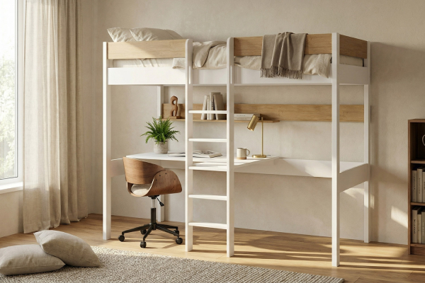 Lit mezzanine 1 place en bois massif avec bureau et fauteuil Auren