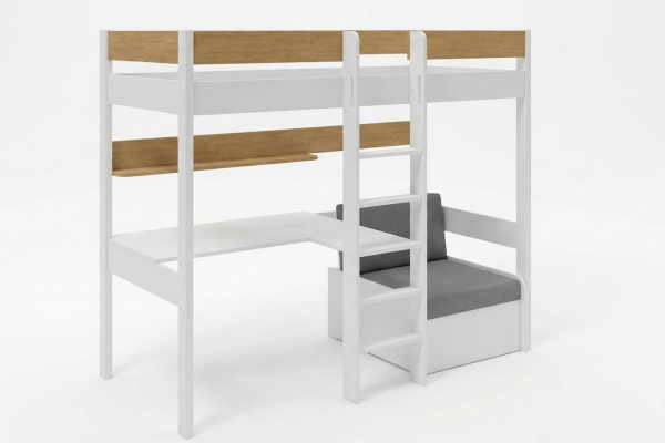 Lit mezzanine 1 place en bois massif avec bureau et fauteuil Auren