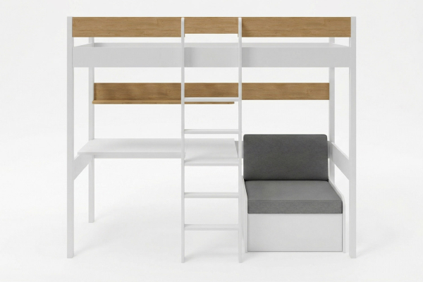 Lit mezzanine 1 place en bois massif avec bureau et fauteuil Auren