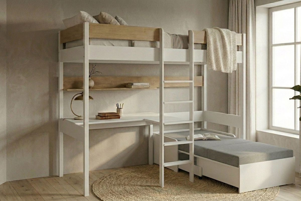 Lit mezzanine 1 place en bois massif avec bureau et fauteuil Auren