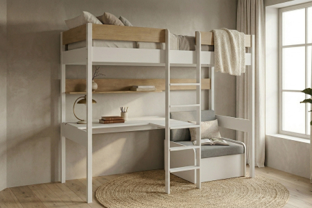 Lit mezzanine 1 place en bois massif avec bureau et fauteuil Auren