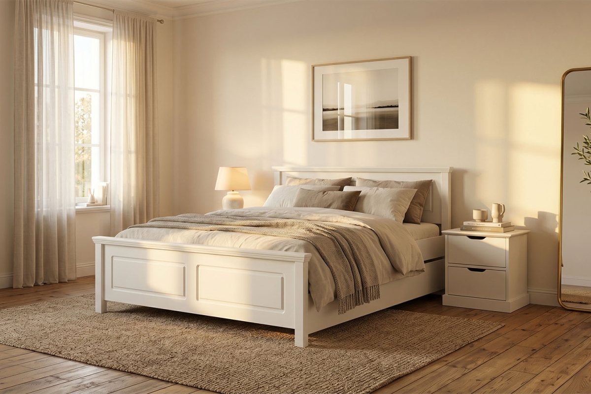 Lit en bois avec tête de lit blanc – Élégance et solidité durable