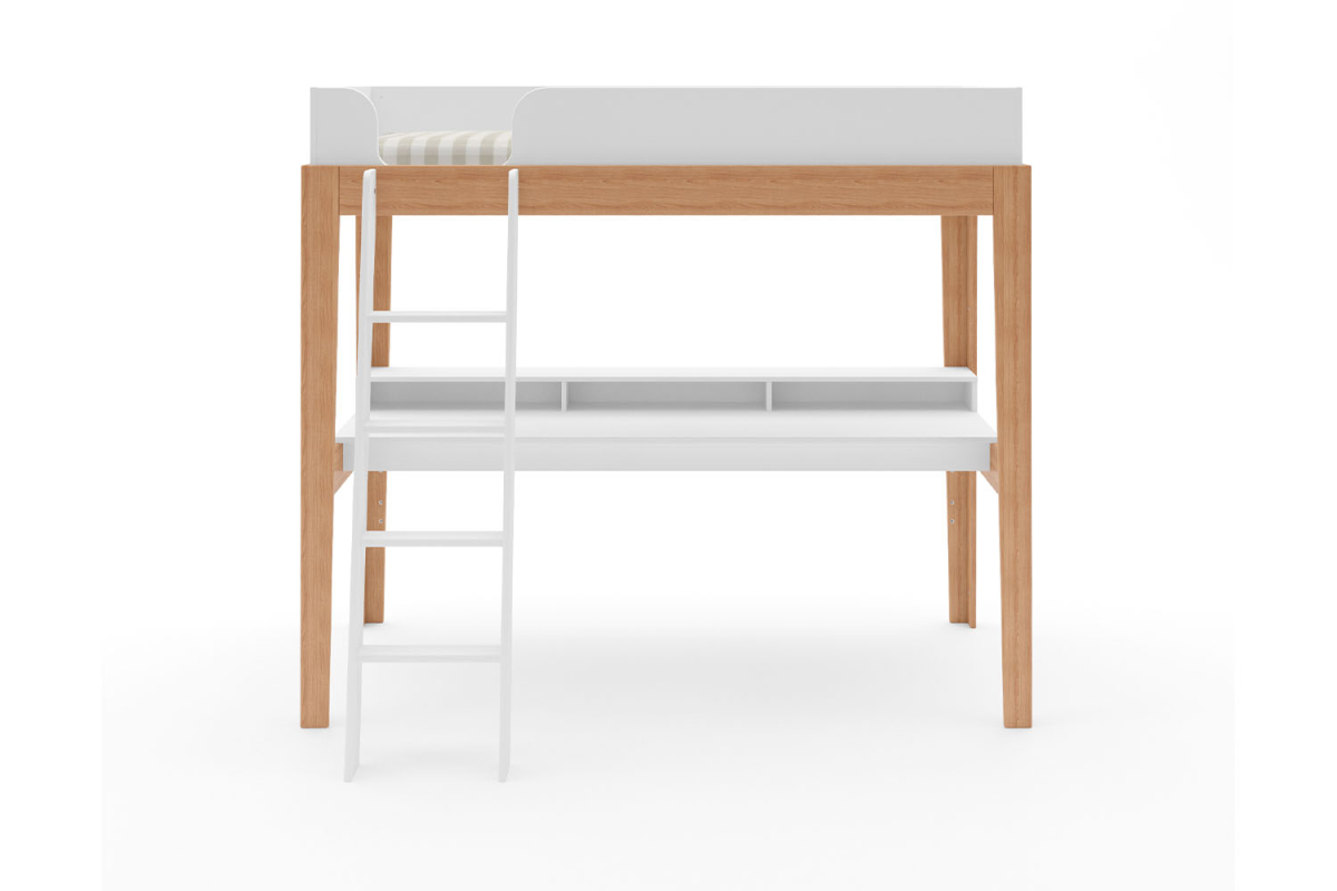 Lit mezzanine avec bureau 90x200 blanc et hêtre massif Elina