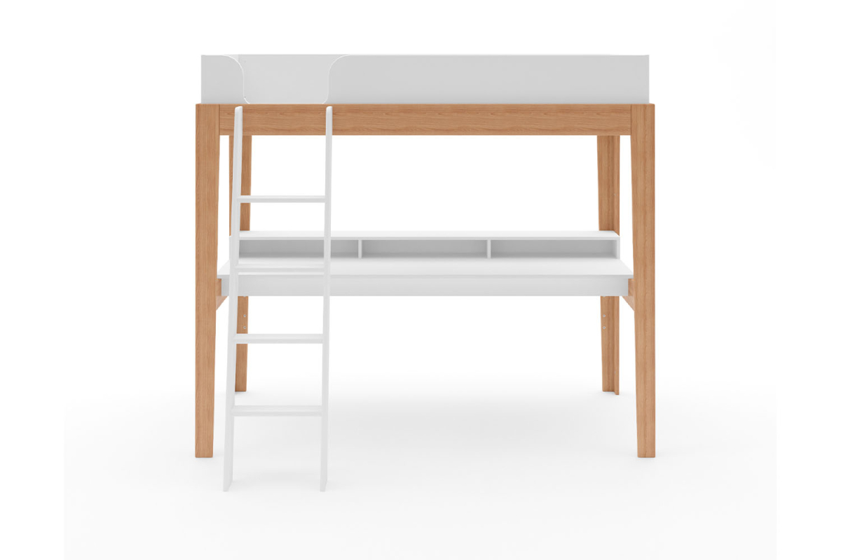 Lit mezzanine avec bureau 90x200 blanc et hêtre massif Elina