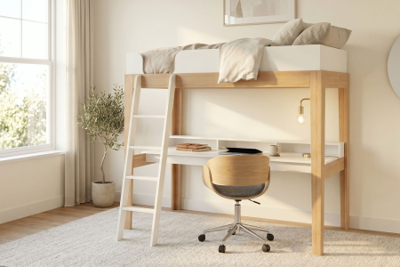 Lit mezzanine avec bureau 90x200 blanc et hêtre massif Elina