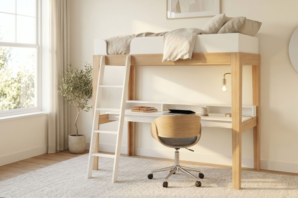 Lit mezzanine avec bureau 90x200 blanc et hêtre massif Elina