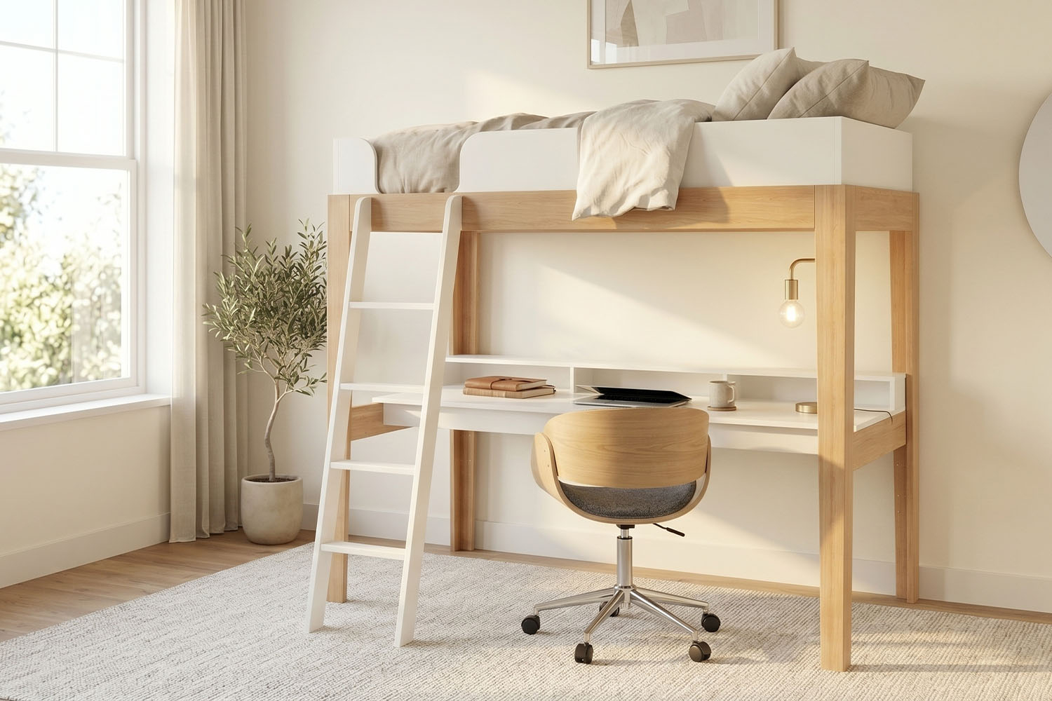 Lit mezzanine avec bureau 90x200 blanc et hêtre massif Elina